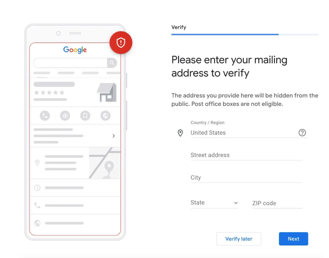 A screengrab of where to add your address before you verify your business on Google