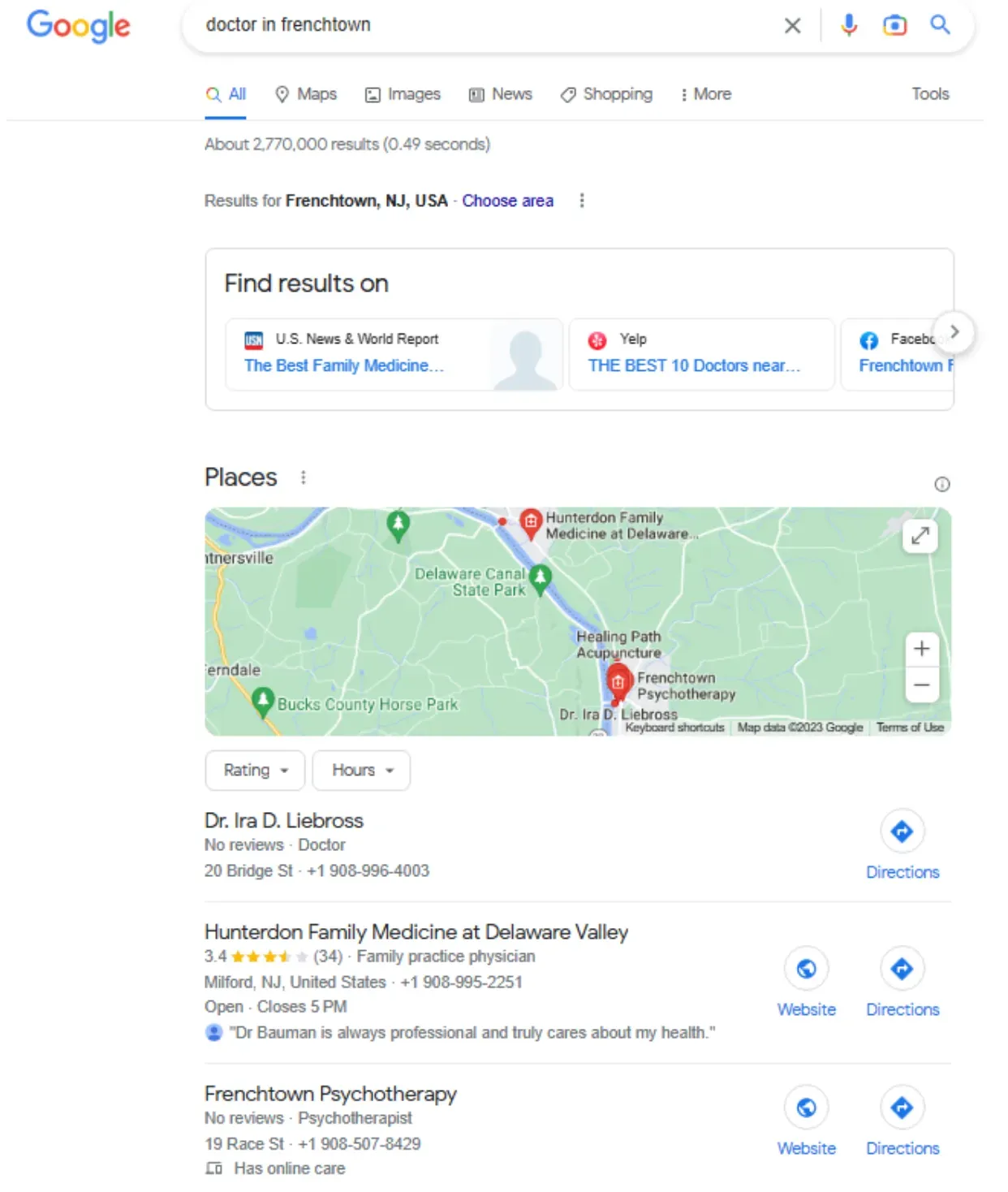 Google results for doctors in Frenchtown, only one of which has reviews