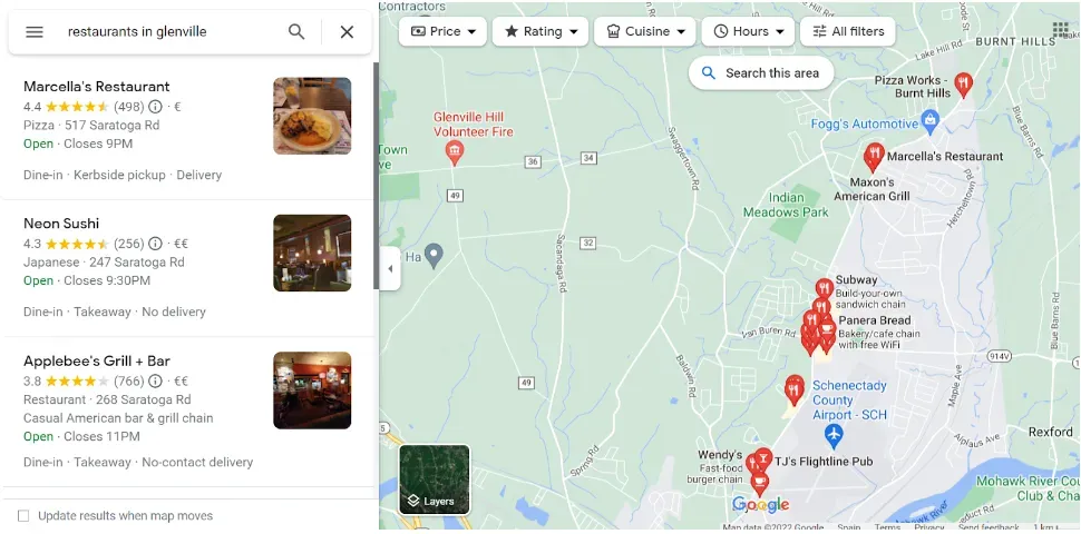 Une capture d'écran montrant les restaurants qui se classent mieux dans le map pack pour une recherche locale