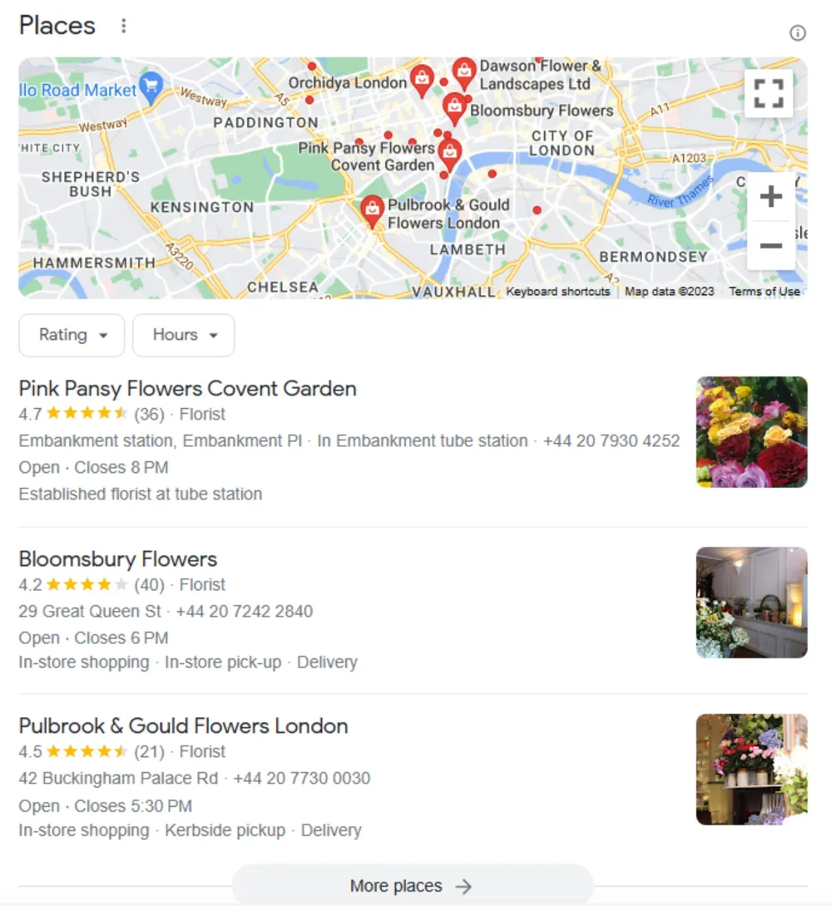 Local pack results for florists in central London