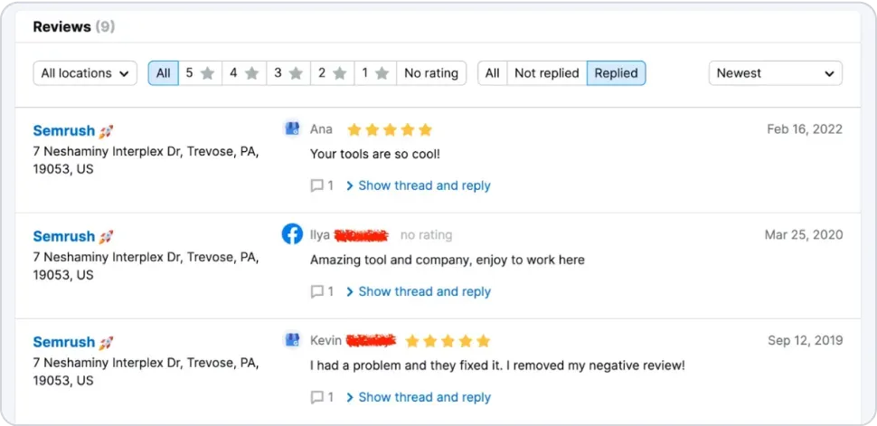 Check all your reviews in one tab and reply directly with Semrush´s Listing Management tool.