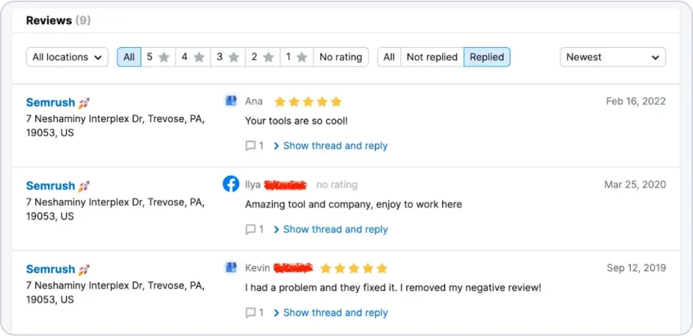 Seel all your reviews in one place with Semrush´s Review Management tool.