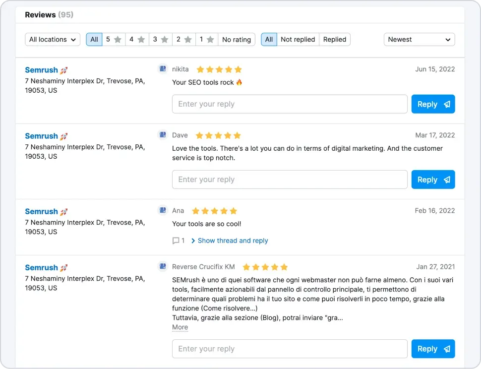 Respond to reviews and monitor listings from 80+ directories with Semrush´s Review Management tool.