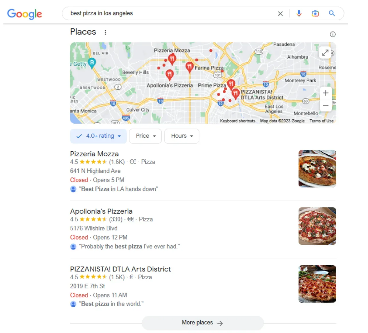 SERP para pizzerías en Los Ángeles