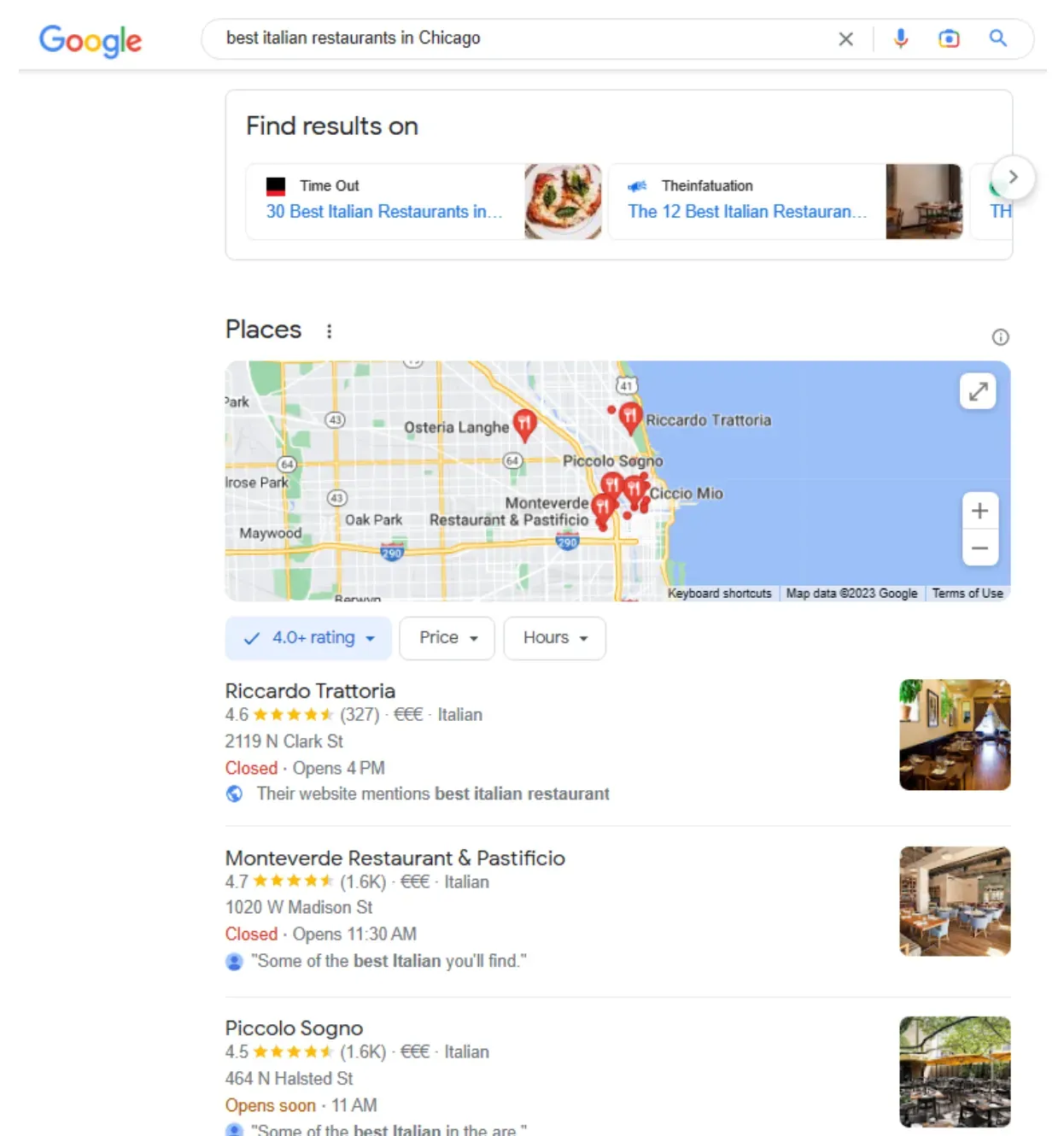 Google results for “best italian restaurants in Chicago”