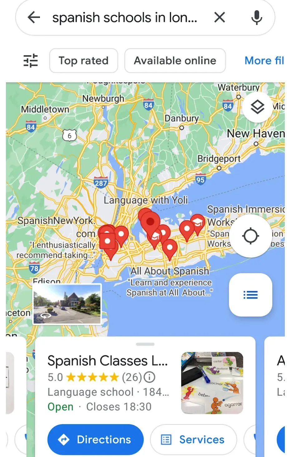 A Google Maps screen grab that demonstrates the benefits of local SEO for Spanish schools in Long Island