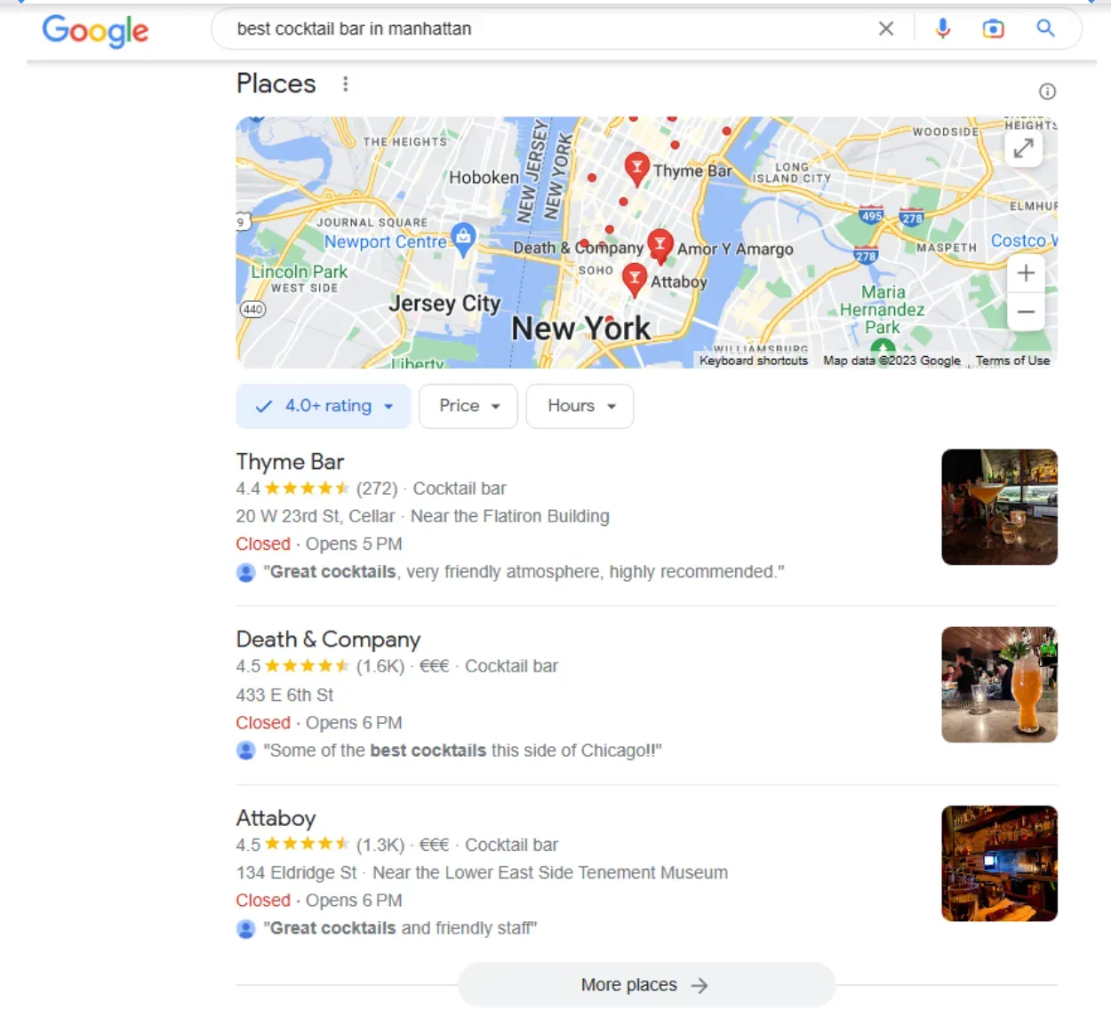 Google local pack result for “best cocktail bars in Manhattan