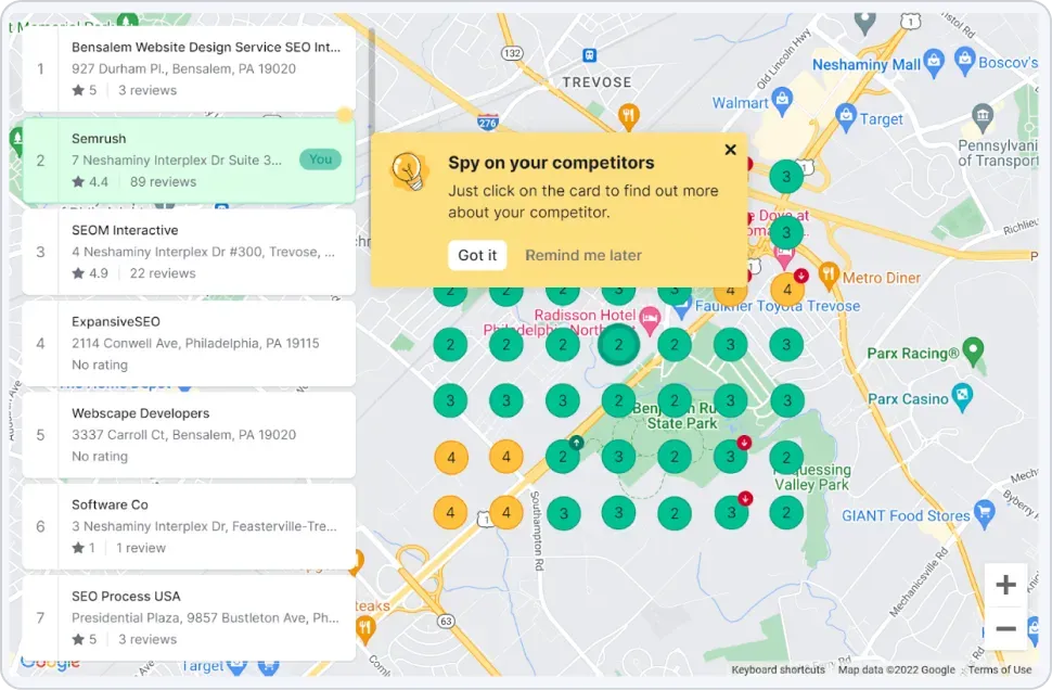 Semrush’s Listing Management tool allows businesses to monitor their local rankings and download PDF reports.