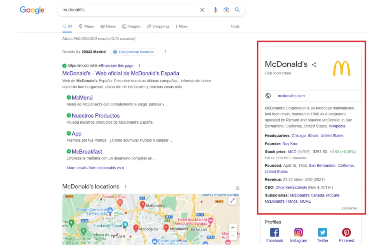 The knowledge panel for McDonald’s that the owners could optimize for voice search