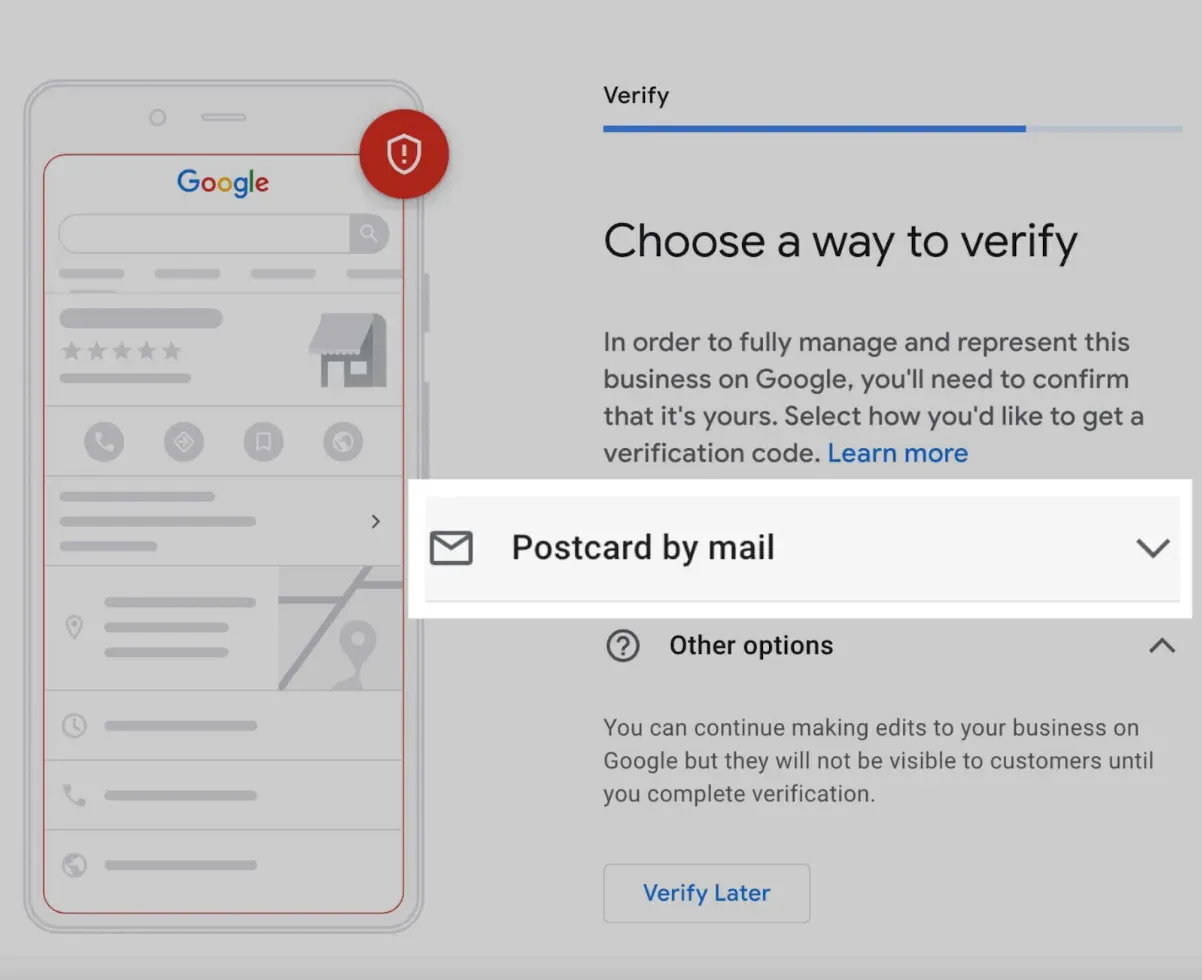 The screen to verify your business on Google