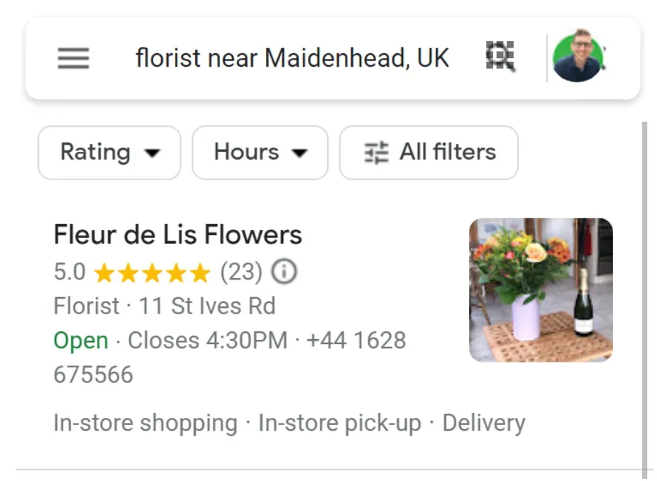 A top florist result in the map pack with great reviews