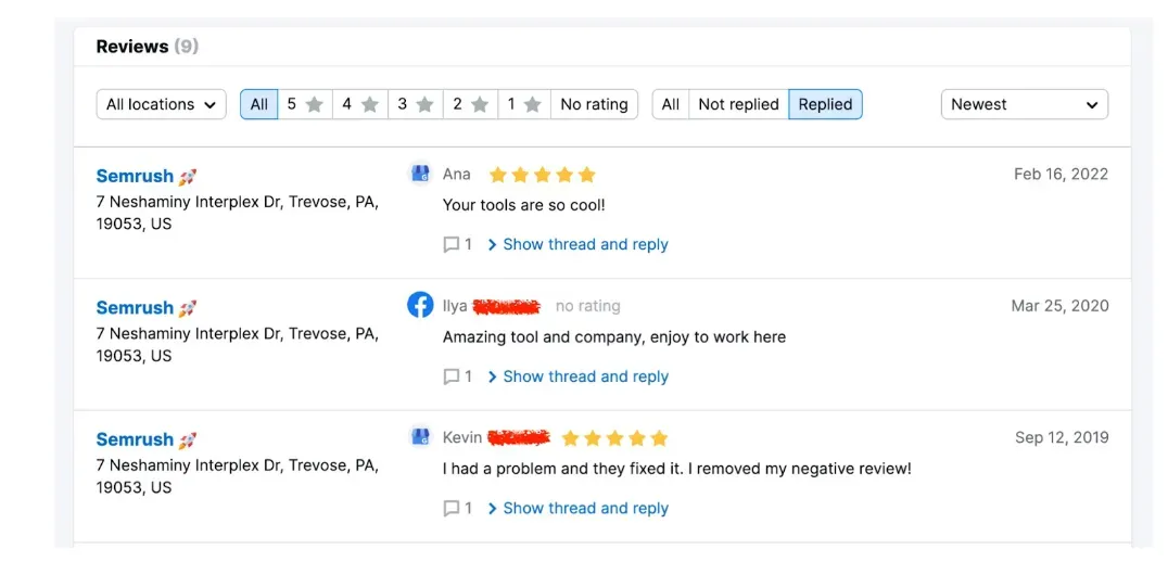 A collection of reviews as seen within Semrush’s Listing Management tool