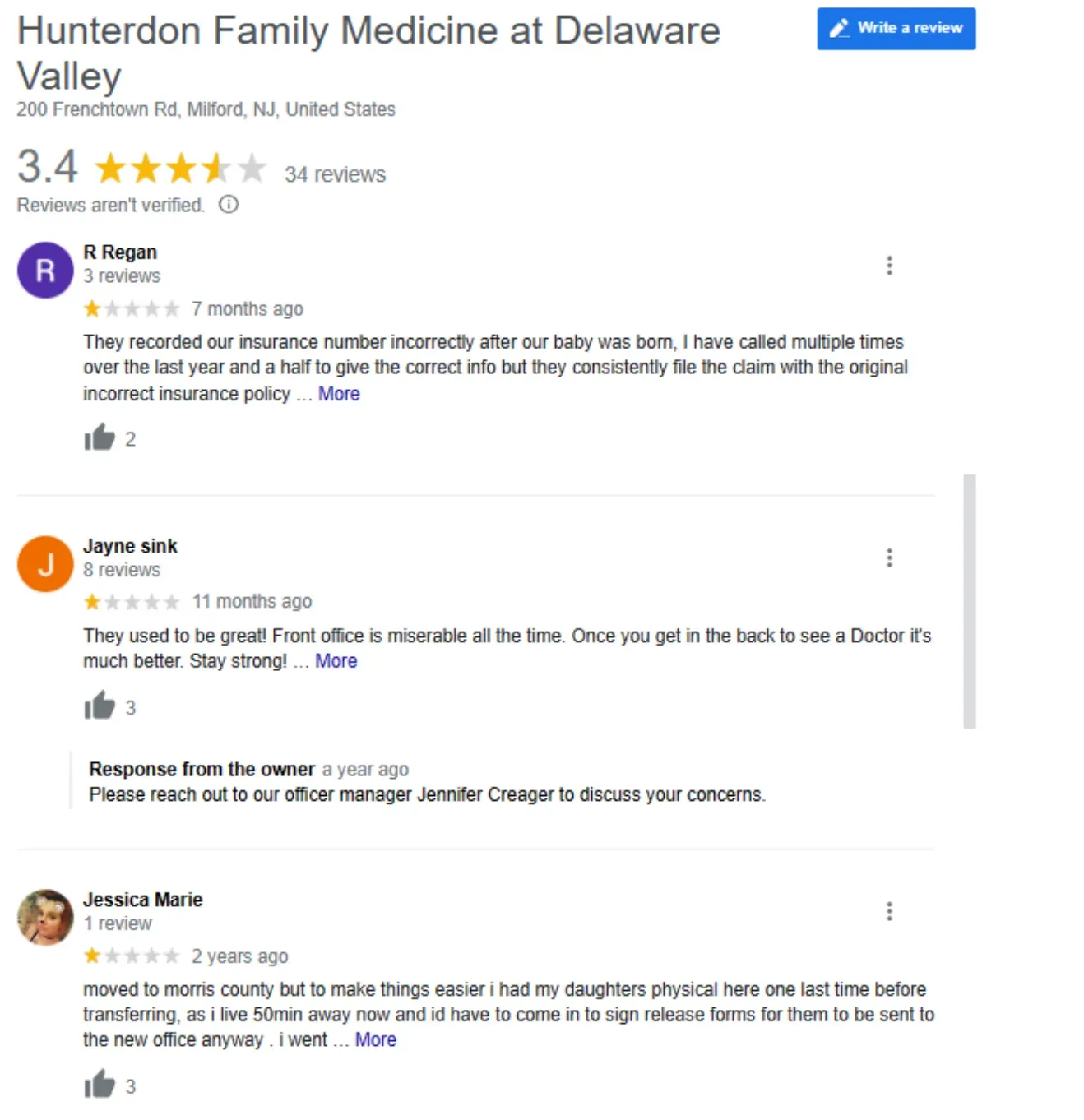 A series of one-star reviews for a doctor’s office in Frenchtown 