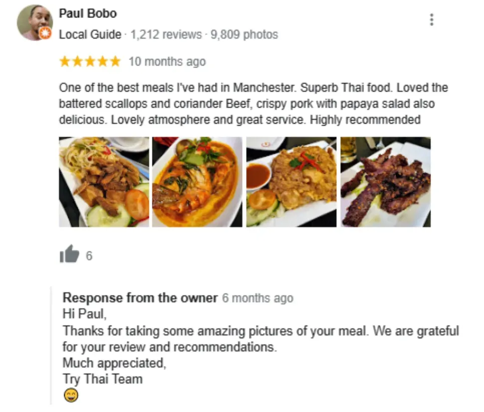 A Google review for a Thai restaurant in Manchester