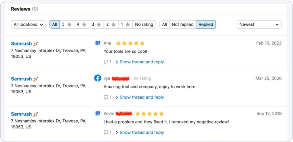 Semrush Local's Review Management comes with a review management tool that lets businesses see how their customers sentiments across several top directories in a single tab.