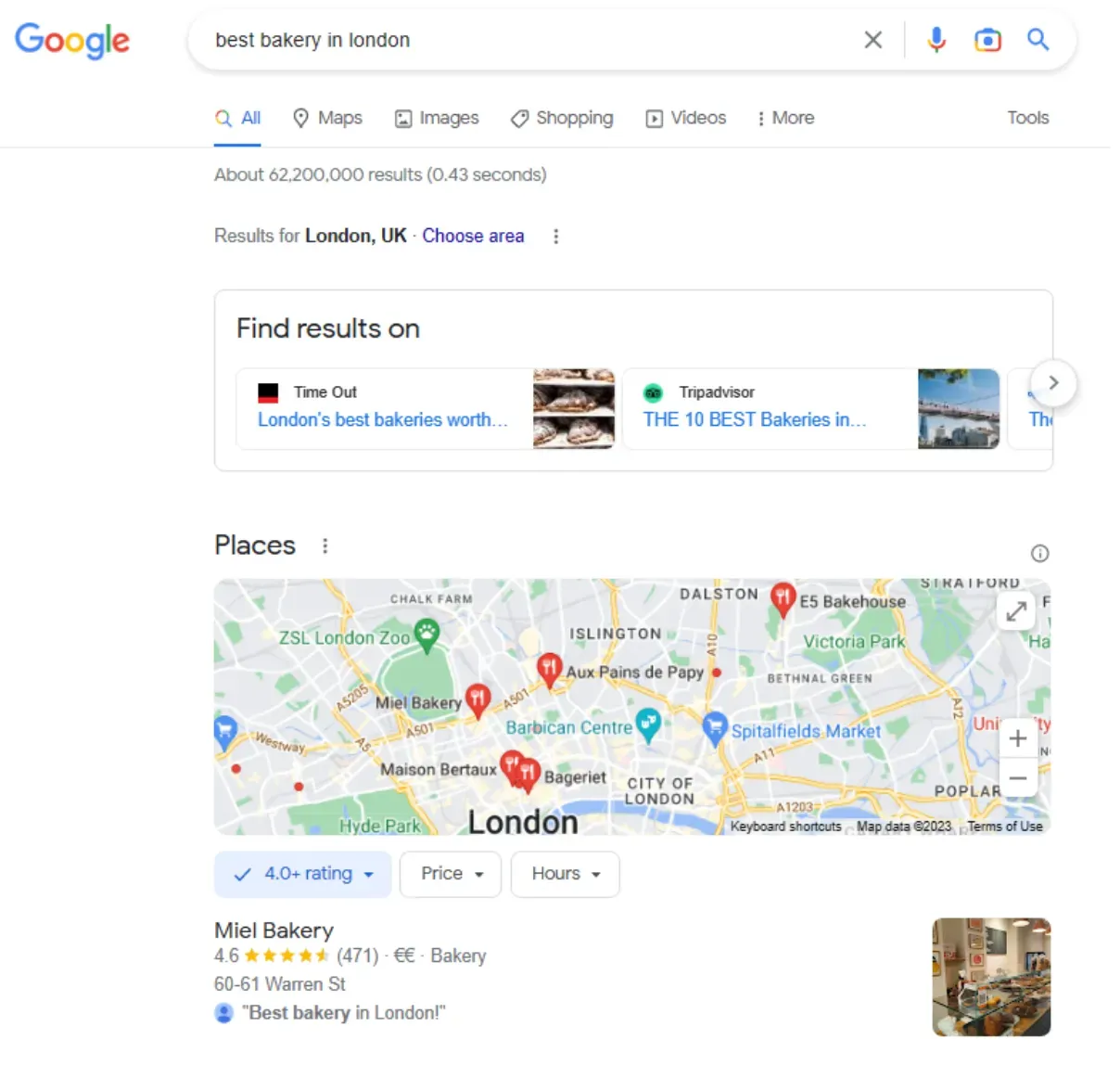 Listings displayed above Places on a local SERP