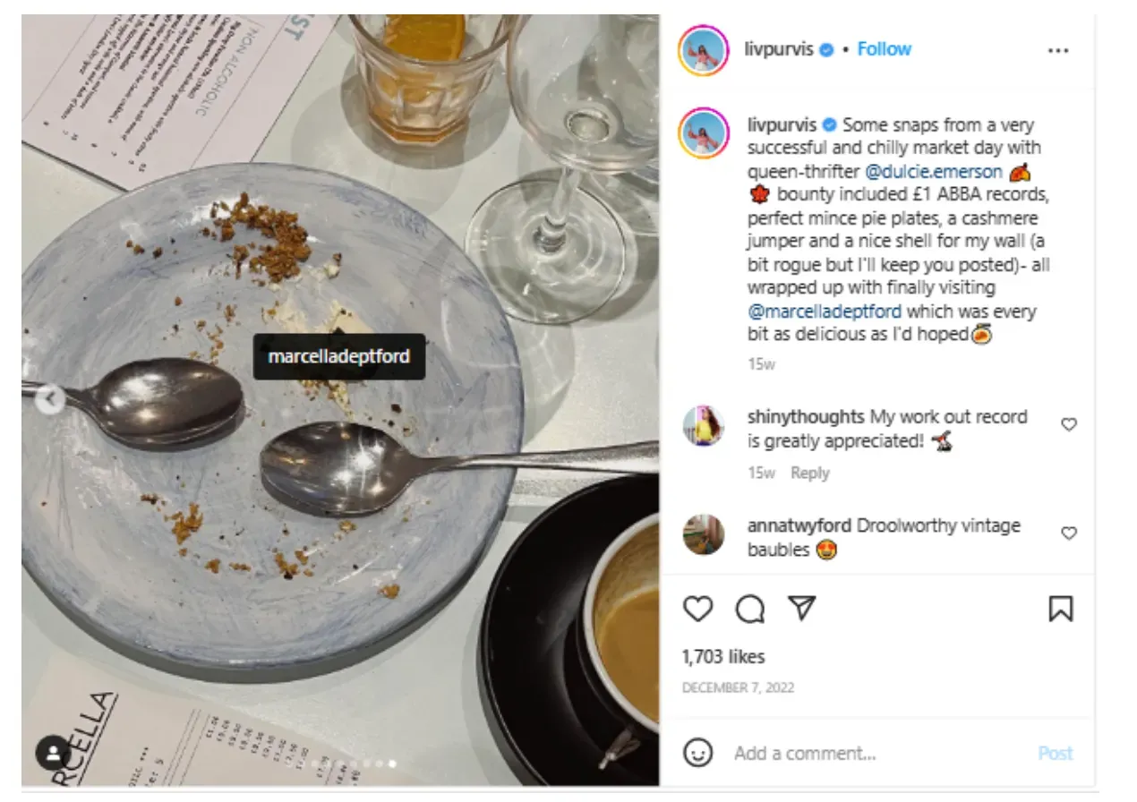 A post promoting a restaurant from London local influencer Liv Purvis