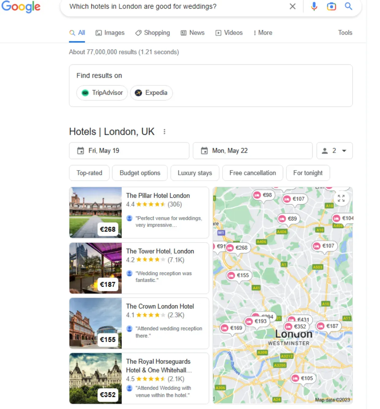 Google results for wedding hotels in London