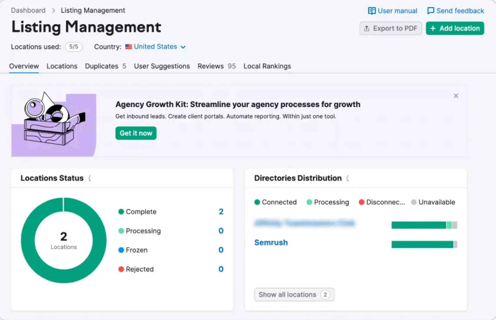 Das Dashboard in Listing Management von Semrush erleichtert dir das Überwachen und Optimieren deiner Standorte im Google Unternehmensprofil.