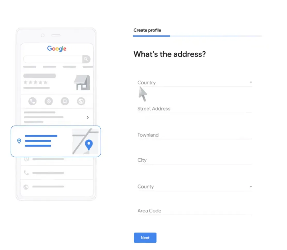 A screengrab of the Google Business Profile setup page where you add an address to get your business on Google Maps