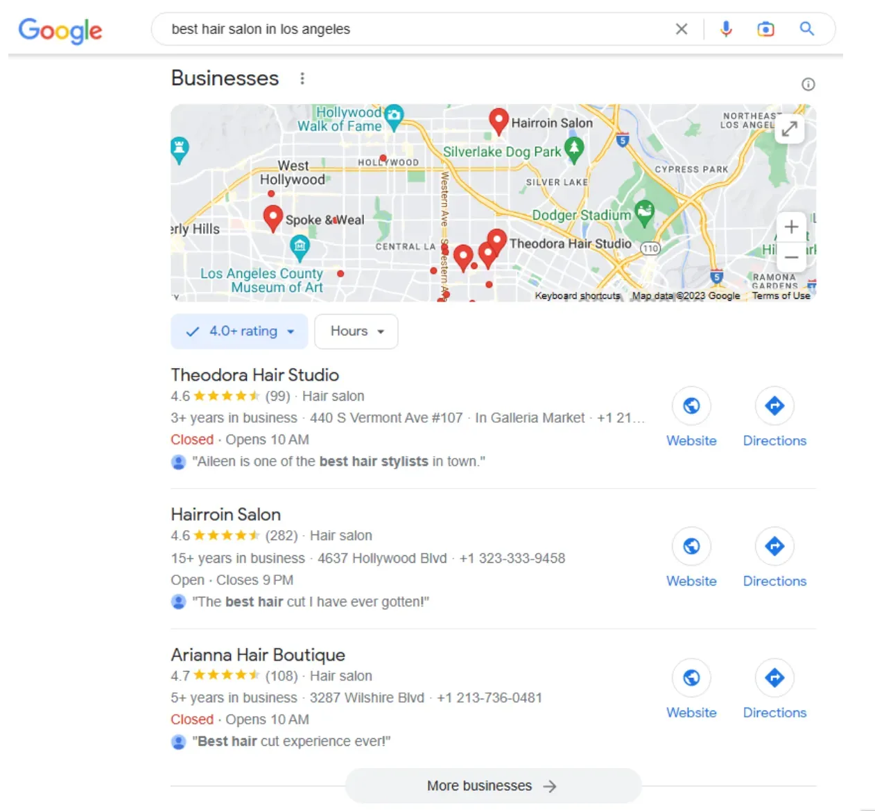 Resultados de Google para "mejor peluquería en Los Ángeles"