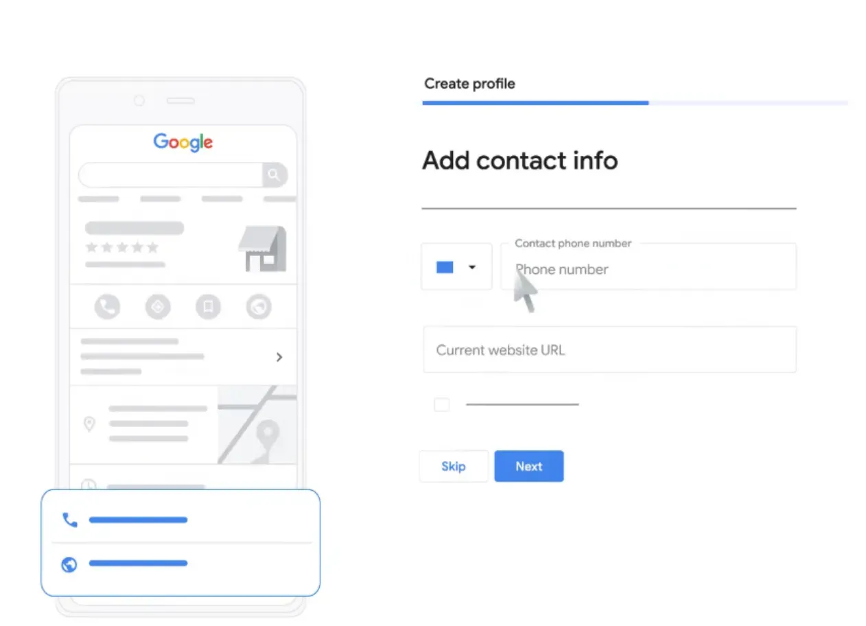 The screen to add your contact details and website when you create a Google Business Profile