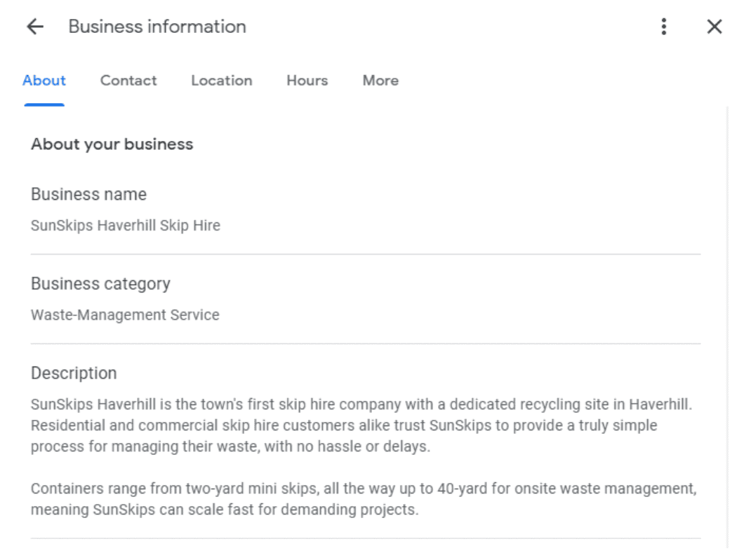 A interface de edição do perfil comercial do Google para otimizar os dados do Google Maps