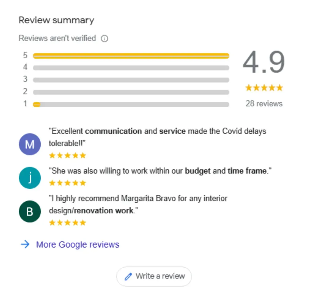 Google reviews for an interior design studio in Denver that clearly understands good digital local marketing
