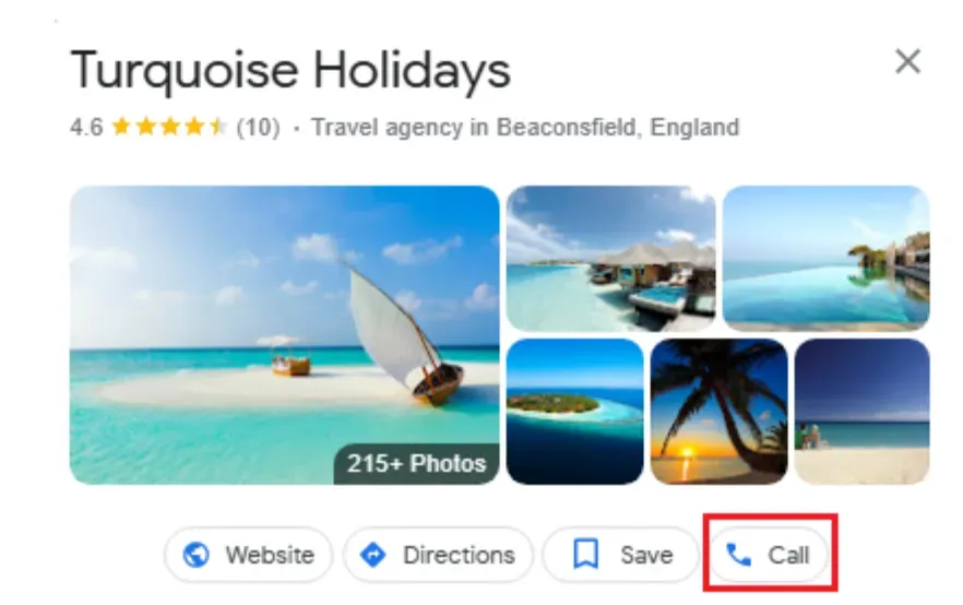 A click-to-call button on a Google Business Profile for a travel agent