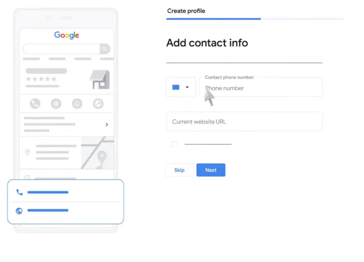 The screen to add your contact details and website when you create a Google Business Profile