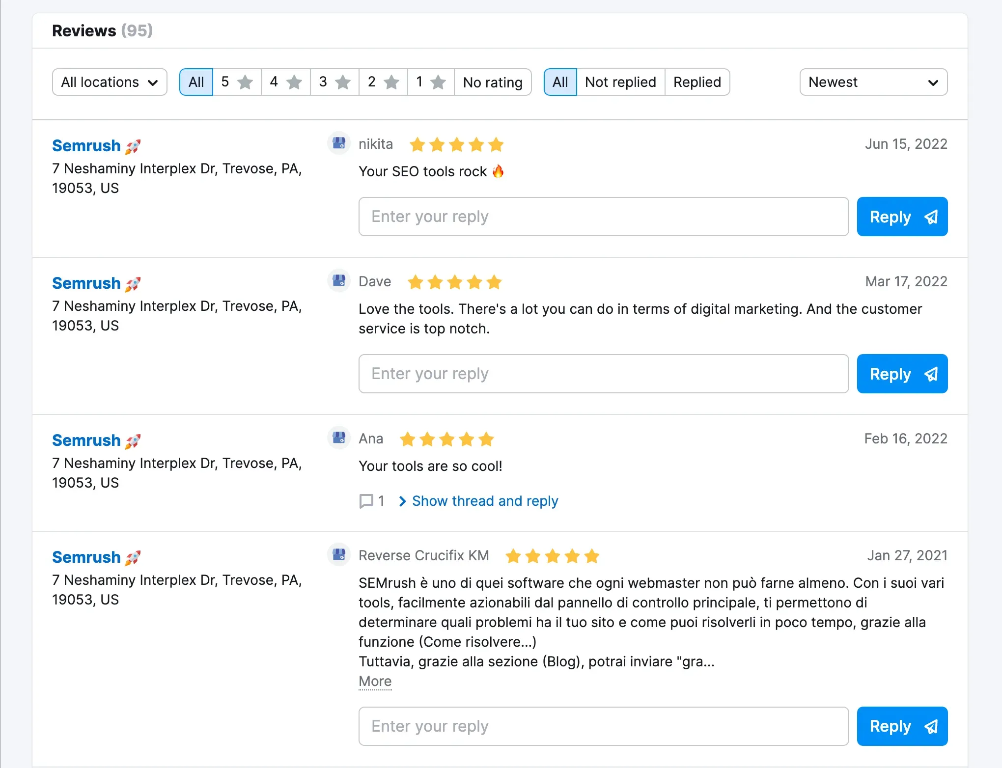 Respond easily to all reviews from several platforms in one place with Semrush´s Listing Management tool.