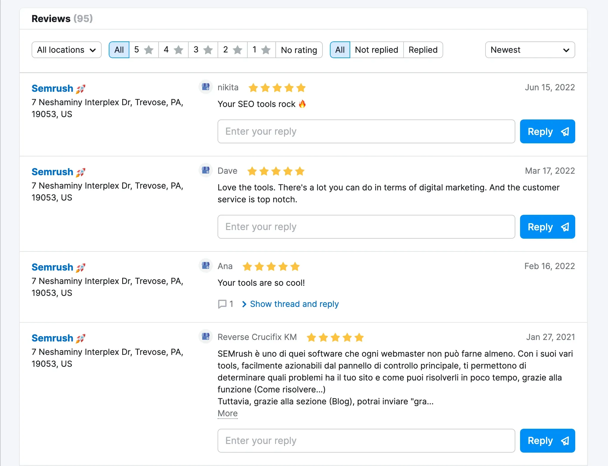 Répondez facilement à tous les avis issus de différentes plateformes au même endroit grâce à l'outil Listing Management de Semrush.