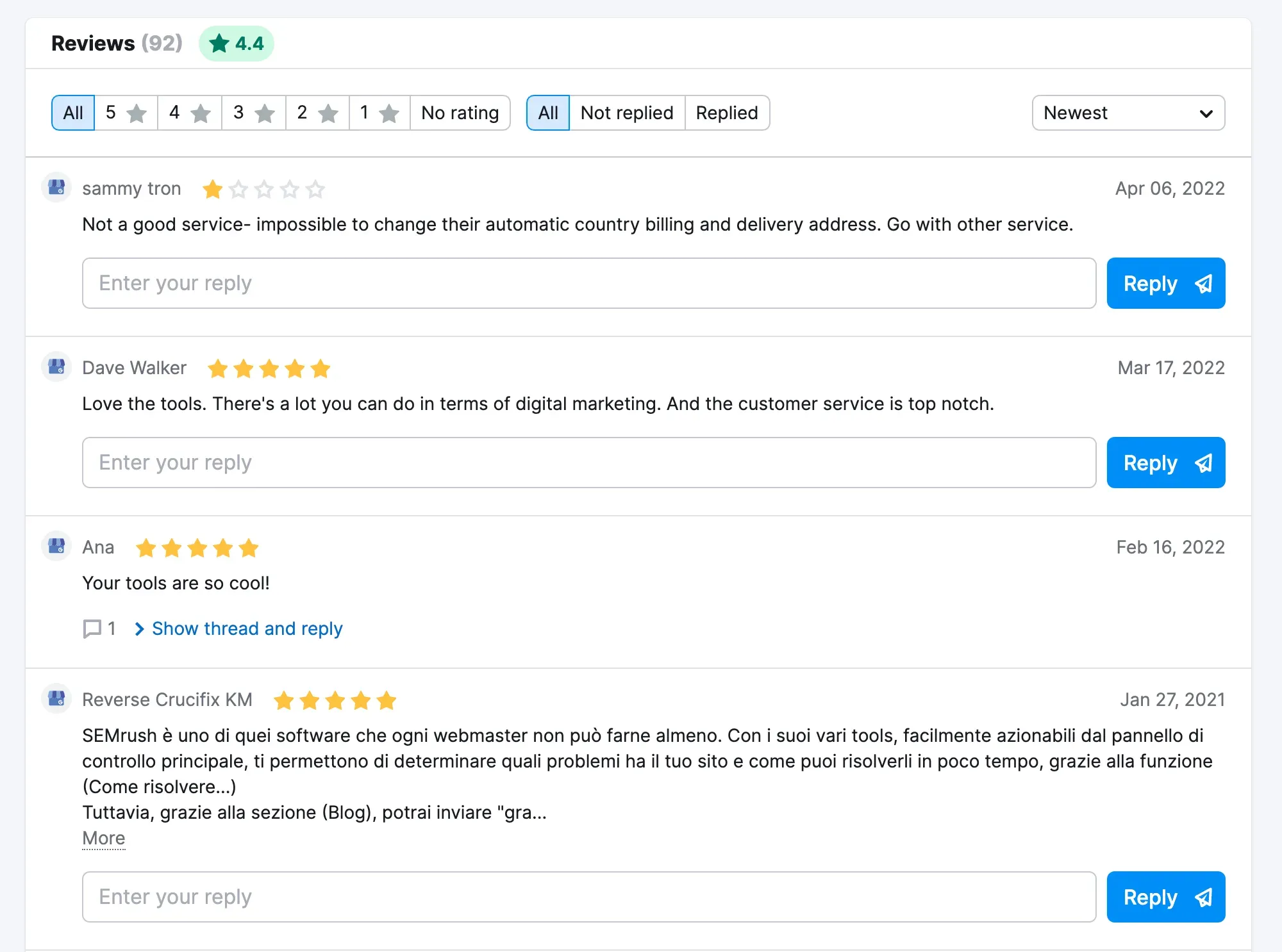 Semrush´s Review Management tool allow your business to easily track reviews in one place.