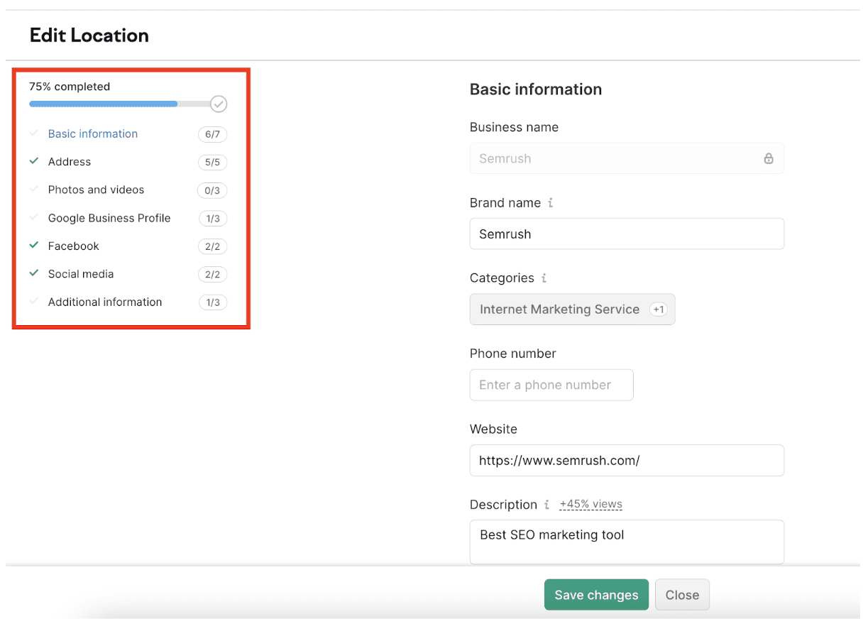 A página Editar local do Gerenciamento de fichas da Semrush