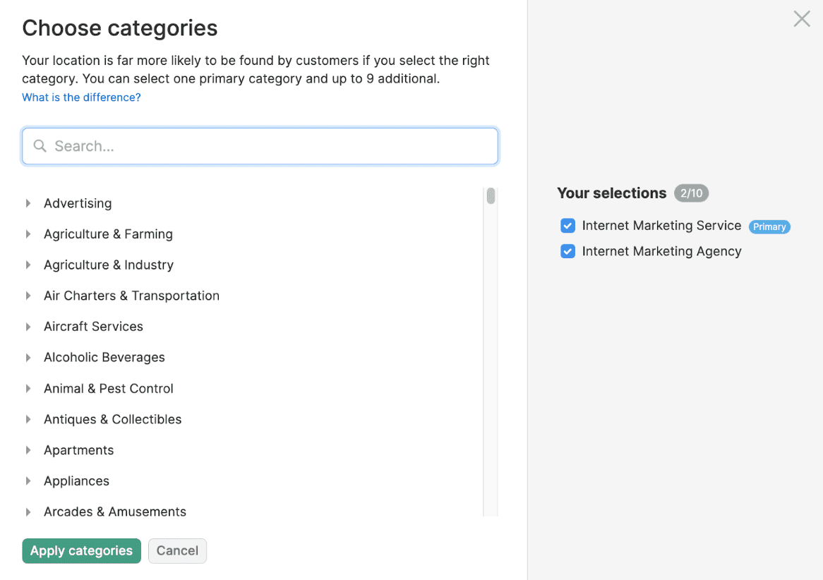 The category selection window of Semrush’s Listing Management