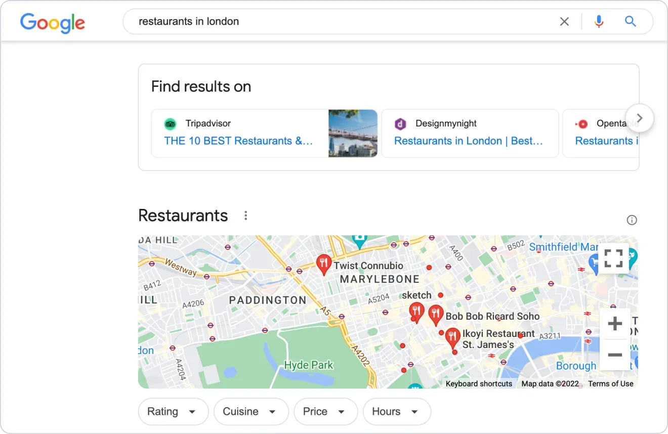 Un risultato di Tripadvisor, la principale directory del settore Viaggi, appare in posizione zero nella SERP per "ristoranti a Londra"