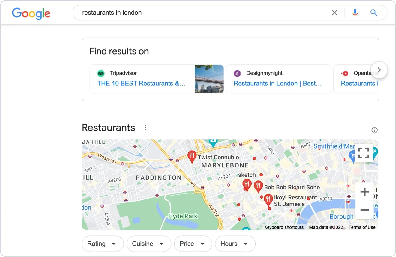 Un résultat du principal annuaire de tourisme, Tripadvisor, apparaît en position zéro sur la SERP pour "restaurants à Londres"