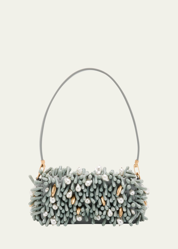 Cult Gaia Perla Beaded Leather Clutch Bag