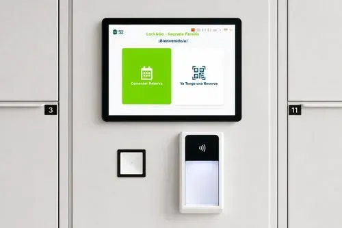 Self-service kiosk next to a LockMe locker bank