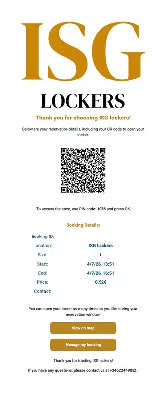 ISG Lockers — branded confirmation email mockup