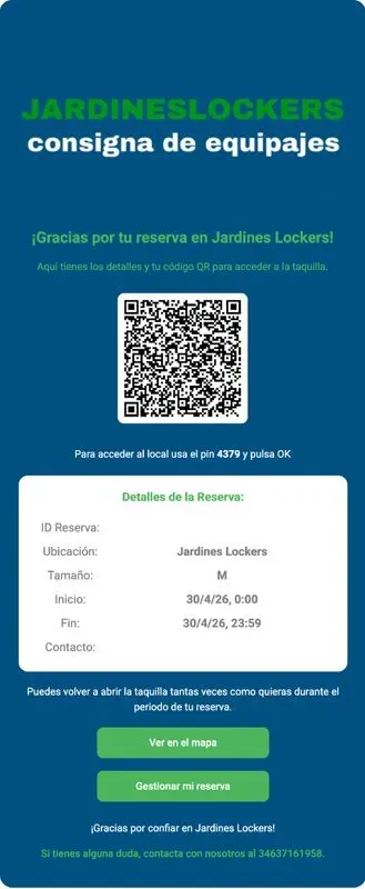Jardines Lockers — branded confirmation email mockup