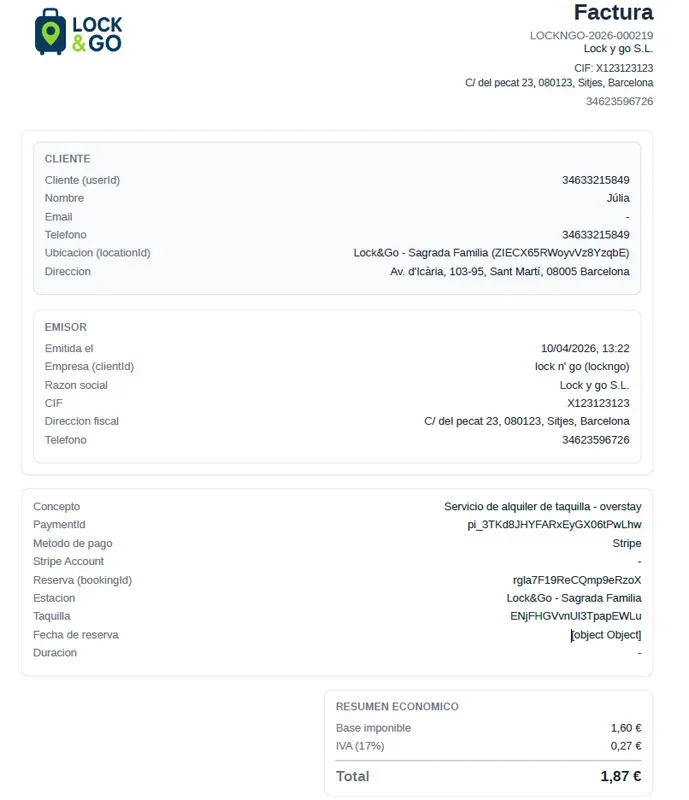 Branded customer invoice — issued by the operator's entity, with the operator's VAT and styling