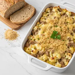 Baked Cauliflower And Lean Turkey Casserole With Minimal Cheese And Whole Grain Breadcrumbs