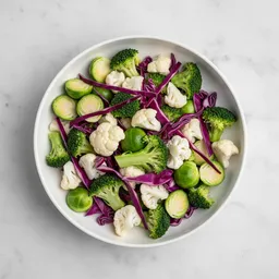 Chopped Raw Broccoli, Cauliflower, Red Cabbage, And Brussels Sprouts Mix