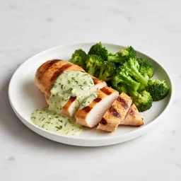 Grilled Chicken Breast With Coconut Lime Sauce And Steamed Broccoli