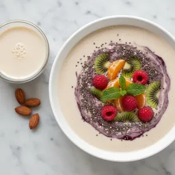 Almond Or Oat Milk Smoothie With Fruits And Chia Seeds
