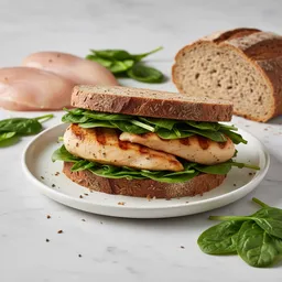 Sandwich With Rye Bread, Grilled Chicken Breast, And Fresh Spinach
