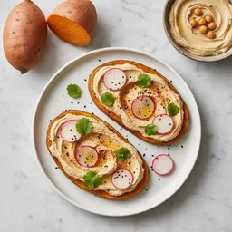 Open-face Sandwich On Baked Sweet Potato Slices With Hummus Spread