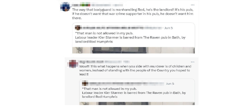 Commenters respond to post on X regarding Starmer's being banned from a pub