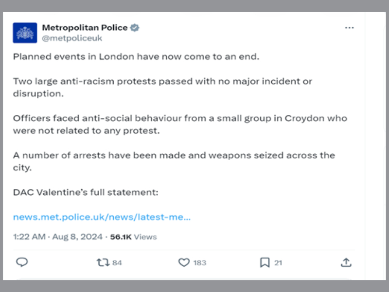 Image: Facebook post claims the Croydon incidents were caused by Muslim counter-protesters.